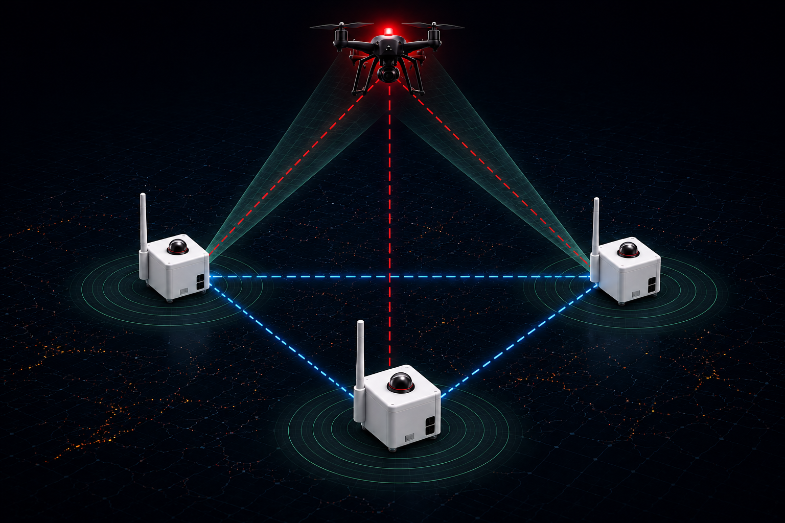 Three ground sensor nodes triangulating a drone's position in true 3D from their optical bearings